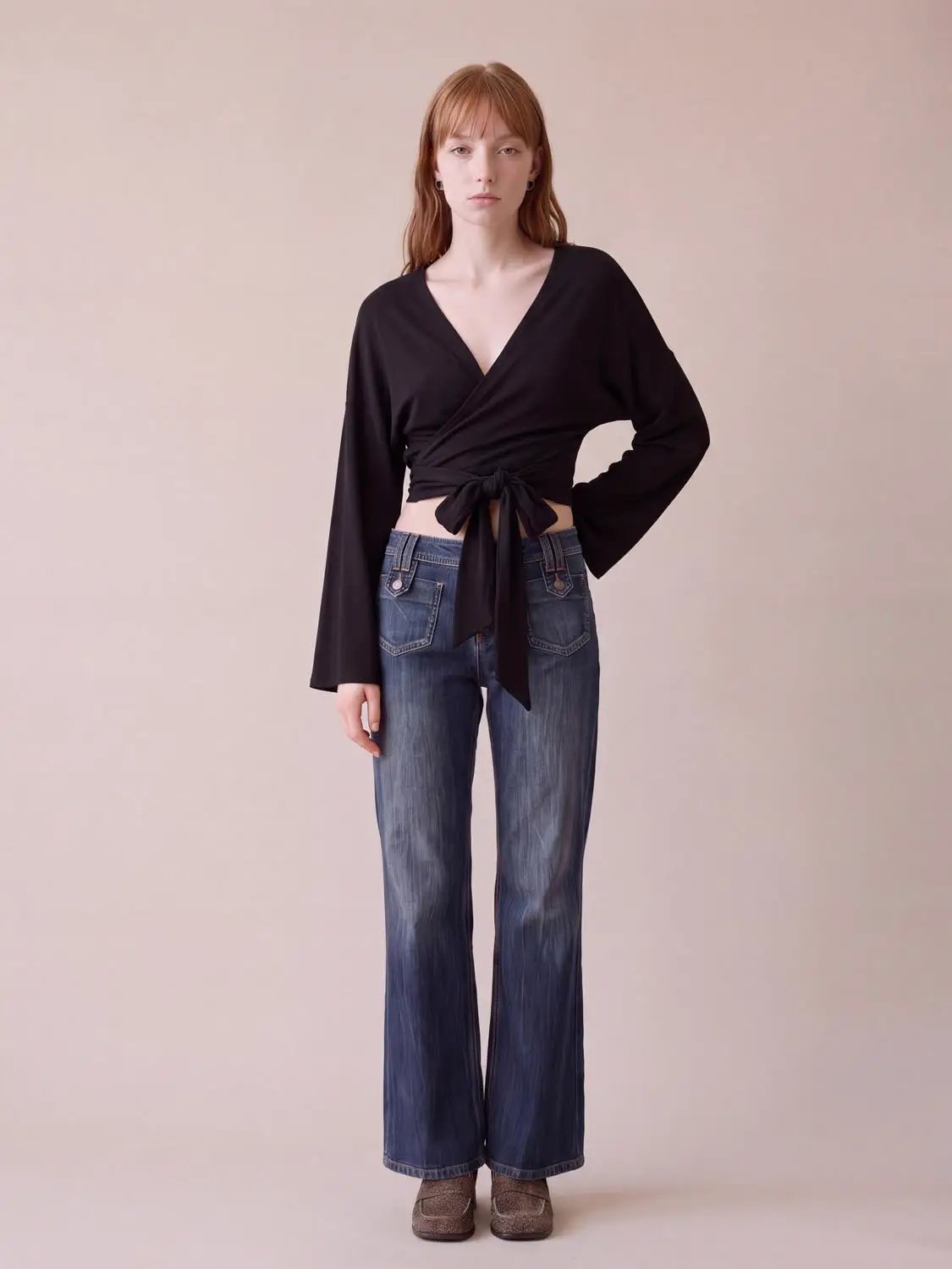 Long Sleeve Wrap Tie V-neck Knit Regular Top