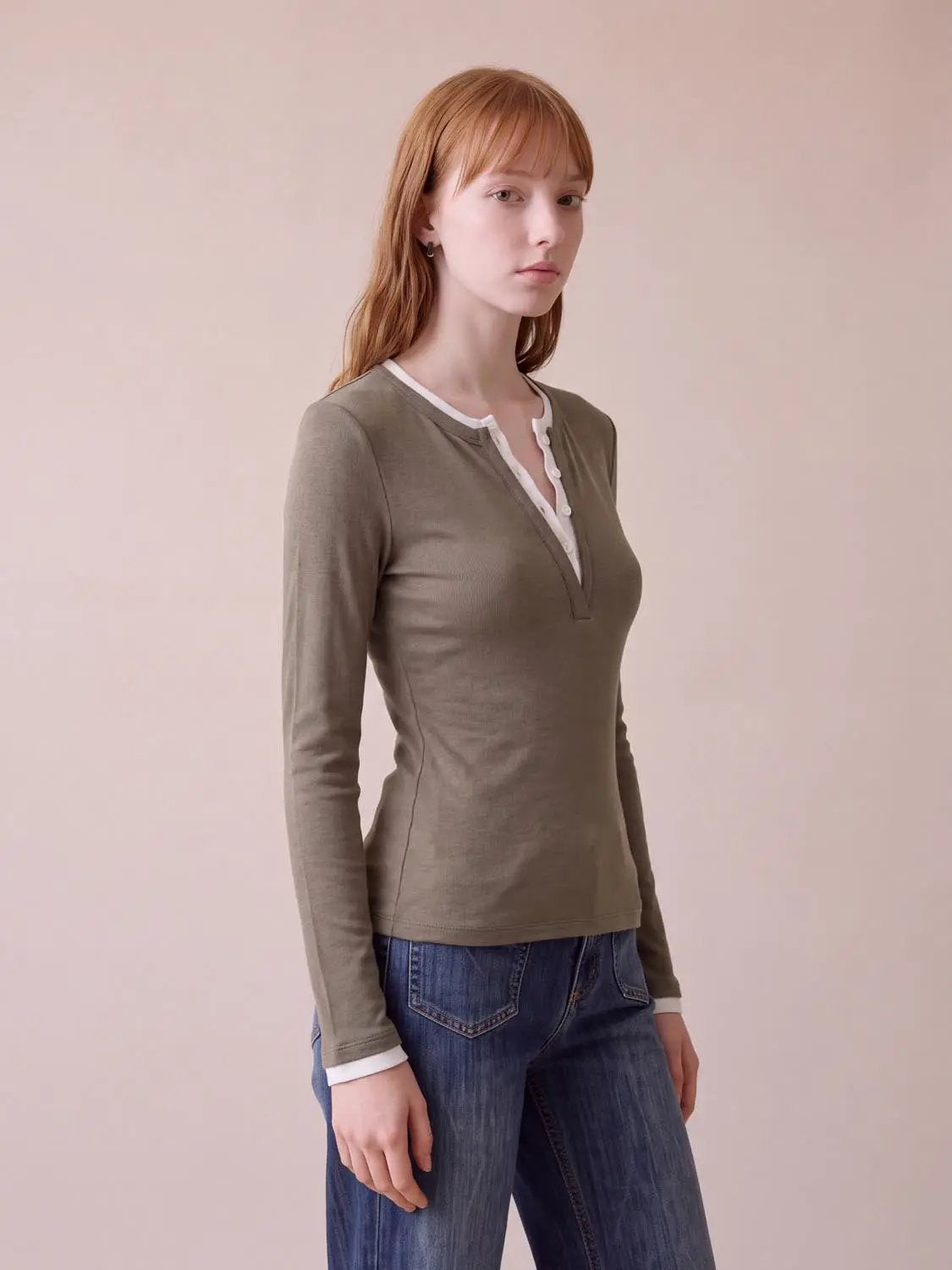 Long Sleeve Layered V-Neck Button Front T-Shirt