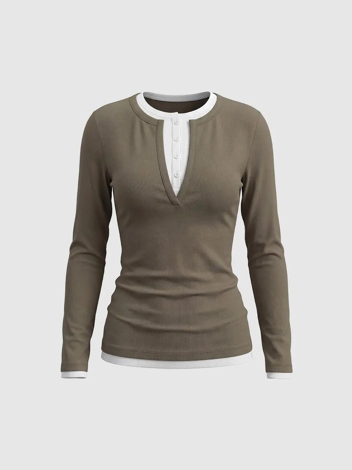 Long Sleeve Layered V-Neck Button Front T-Shirt