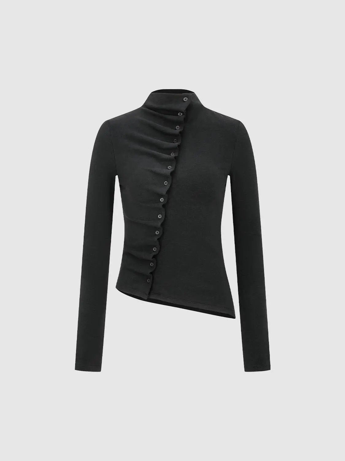Ruffle Placket Mock Neck Asymmetric Hem Long Sleeve Fitted T-Shirt