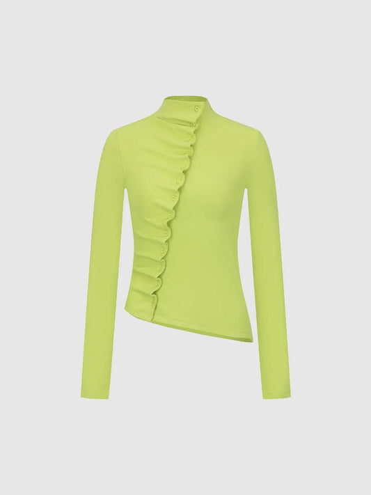 Ruffle Placket Mock Neck Asymmetric Hem Long Sleeve Fitted T-Shirt