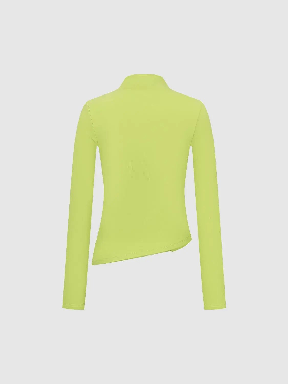 Ruffle Placket Mock Neck Asymmetric Hem Long Sleeve Fitted T-Shirt