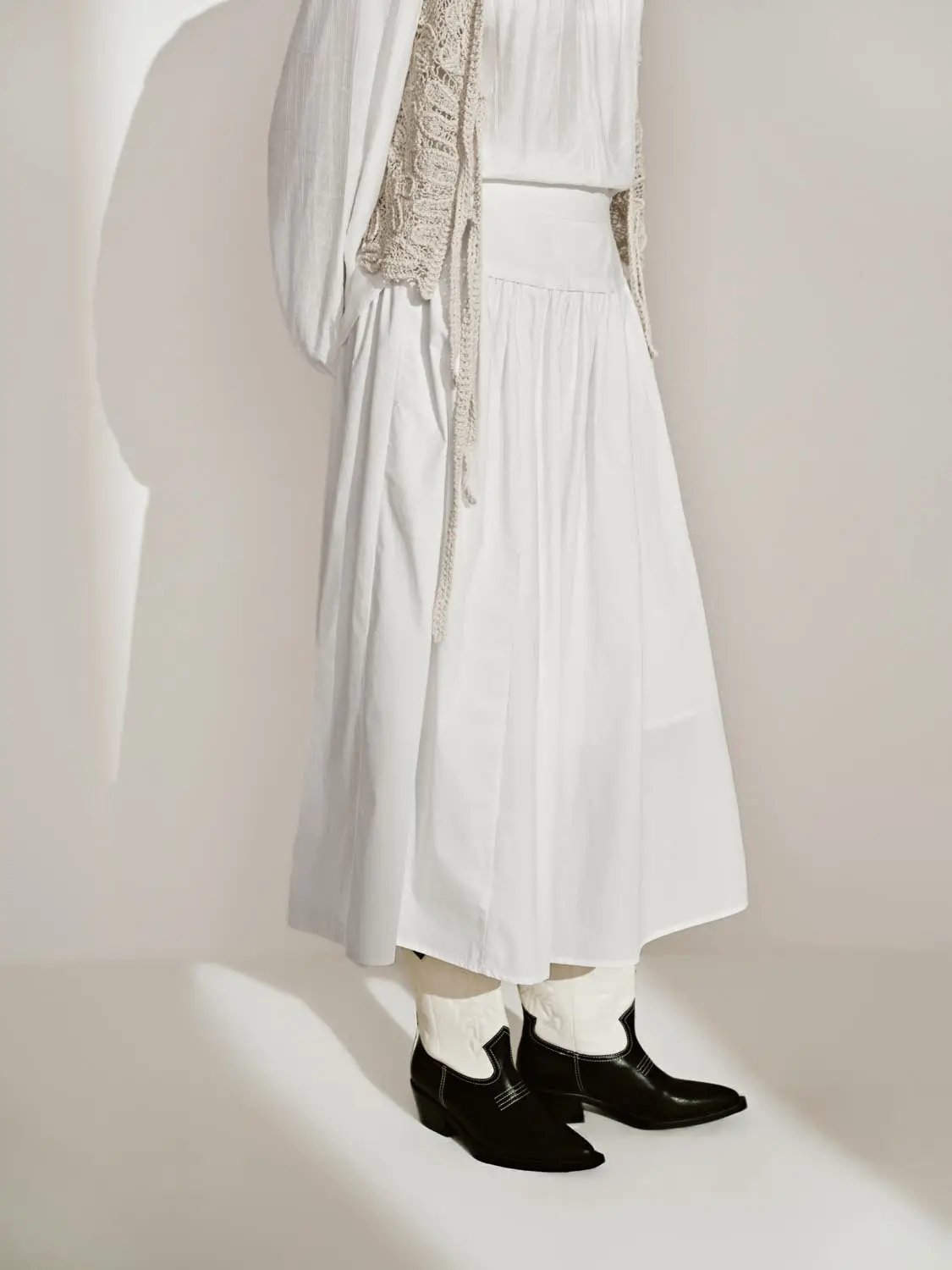 Gathered Soft Textured Cotton Skirt Midi Skirt