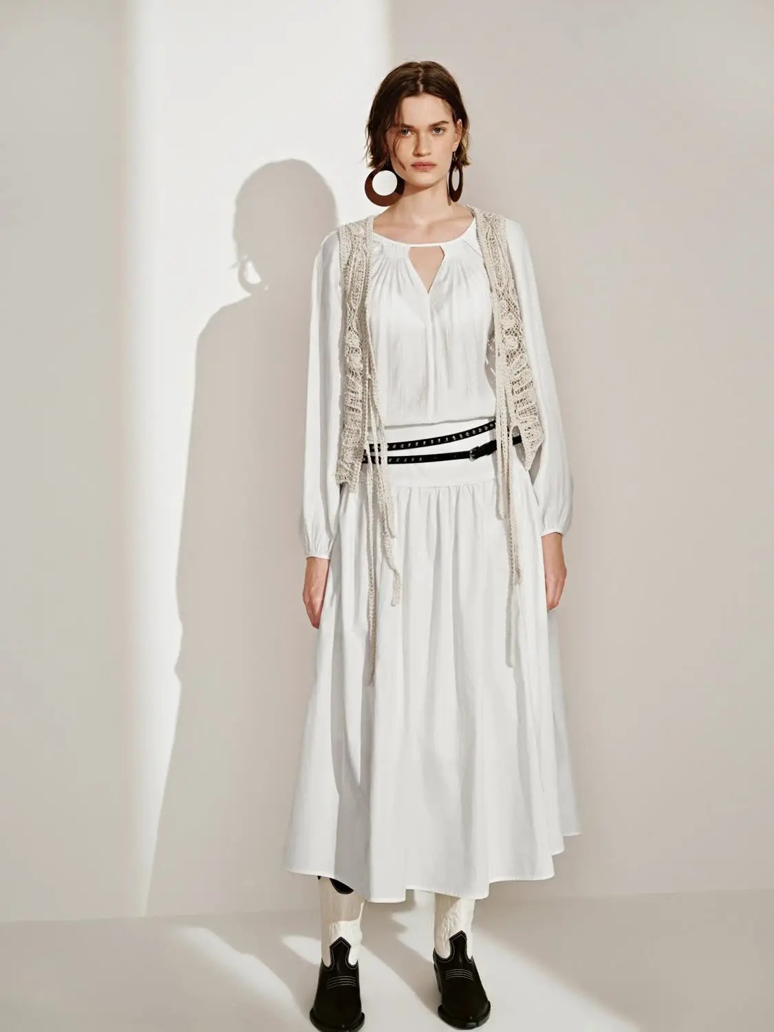 Gathered Soft Textured Cotton Skirt Midi Skirt