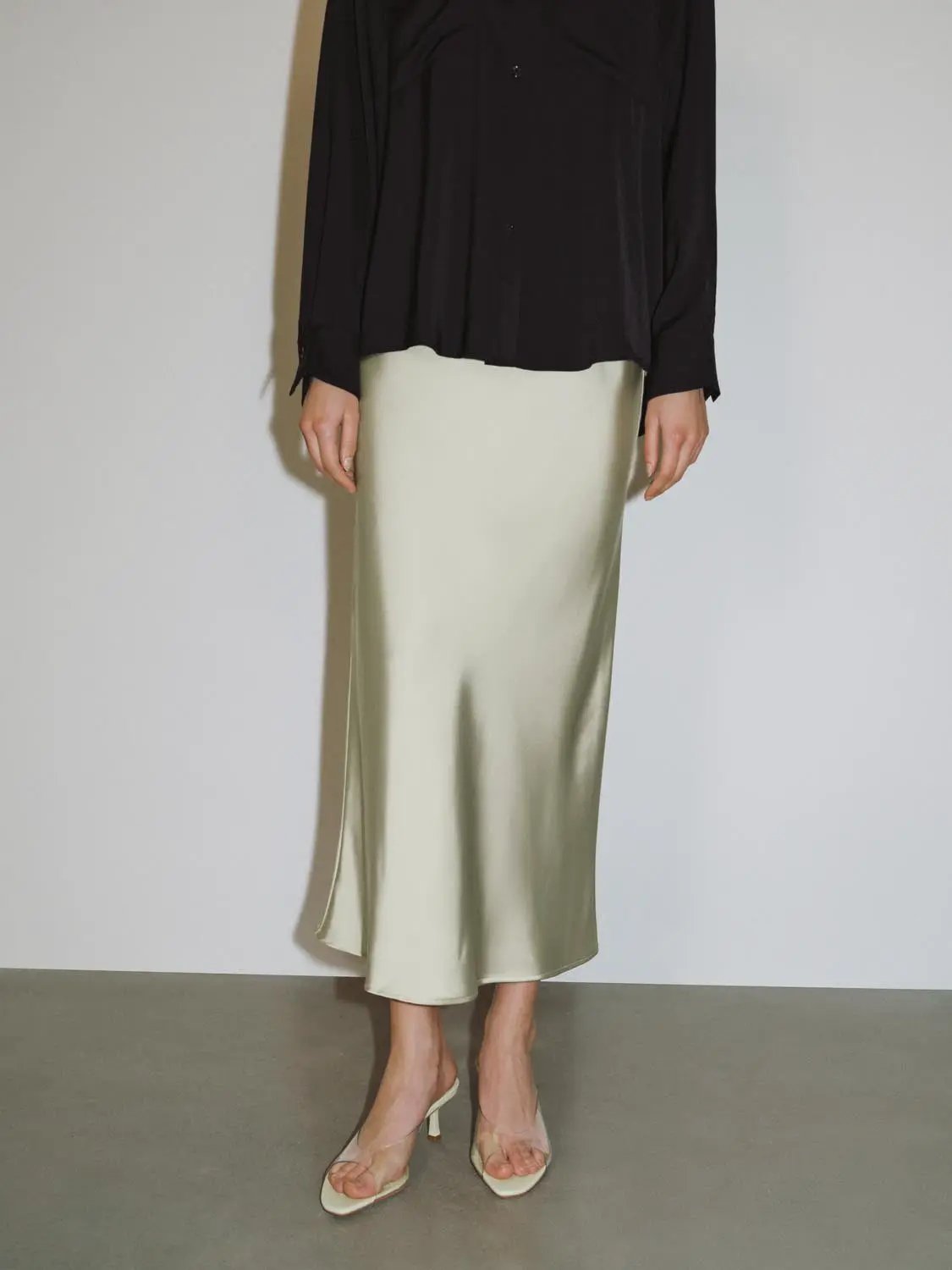 High Waist Draped Satin Texture Fishtail Slip Maxi Skirt