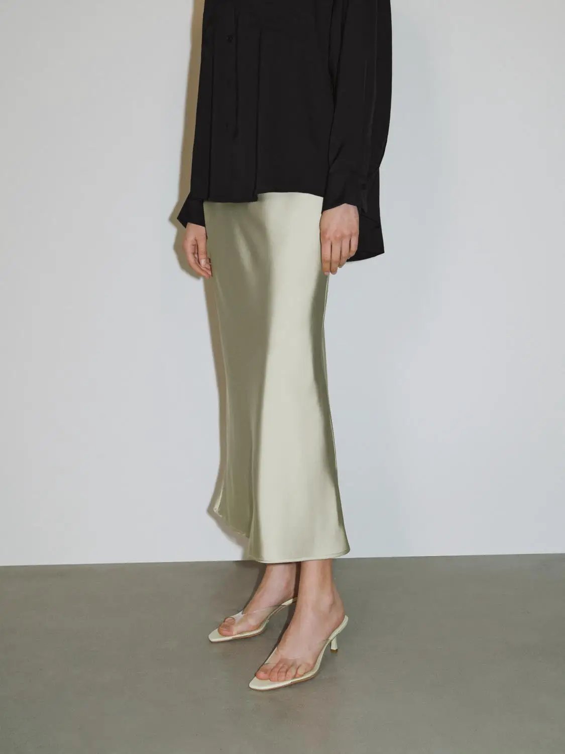 High Waist Draped Satin Texture Fishtail Slip Maxi Skirt