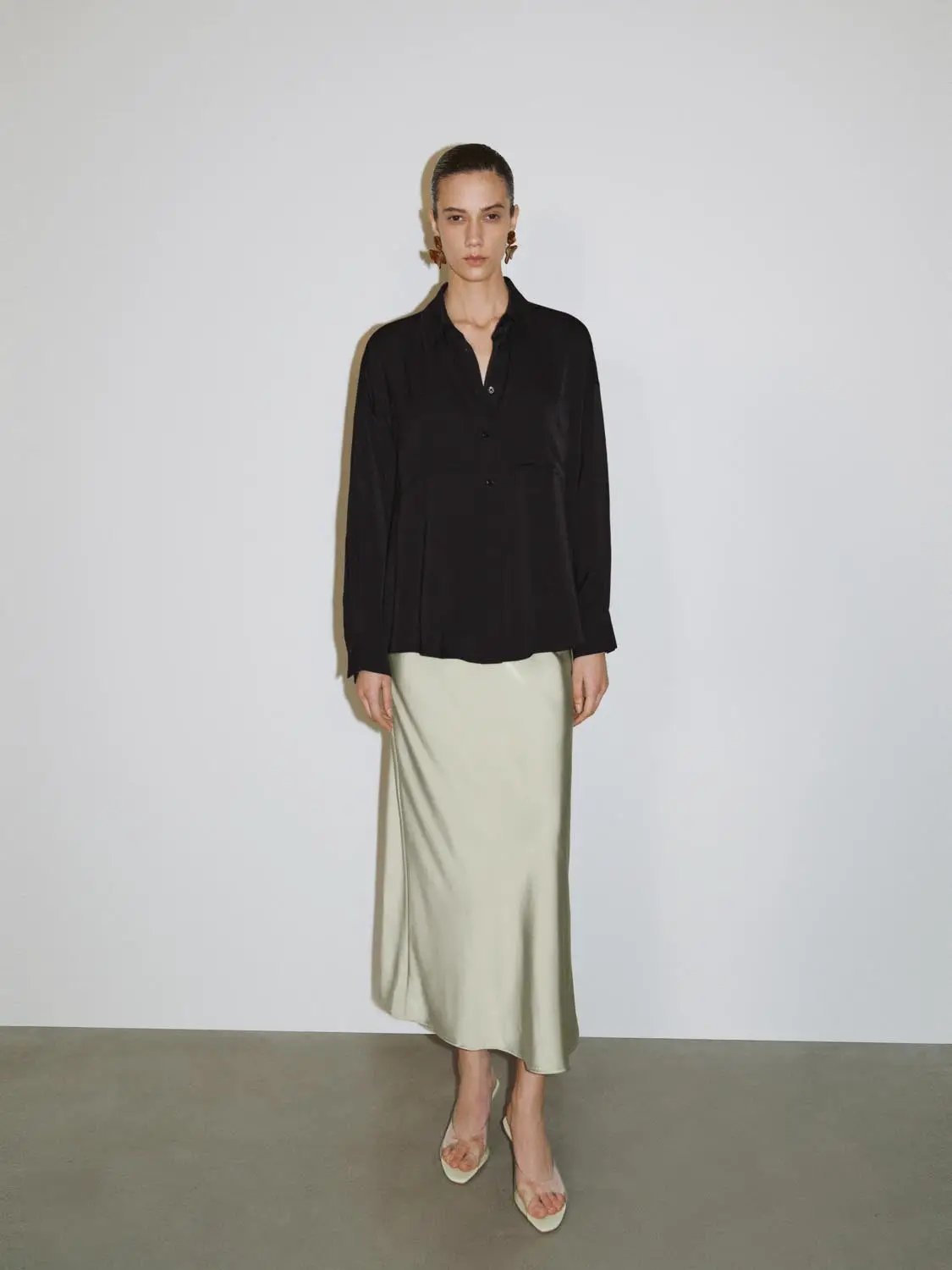 High Waist Draped Satin Texture Fishtail Slip Maxi Skirt