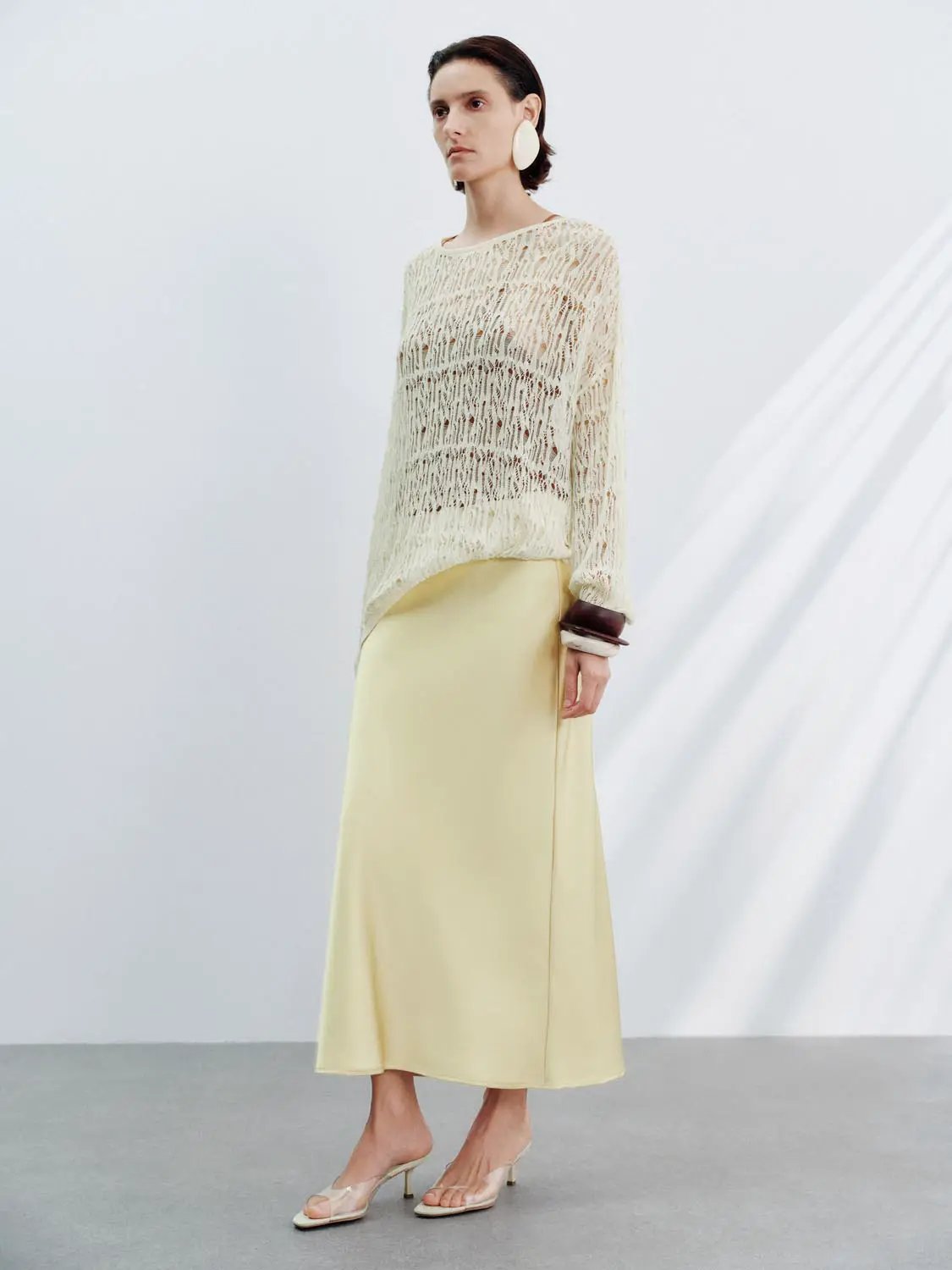 High Waist Draped Satin Texture Fishtail Slip Maxi Skirt