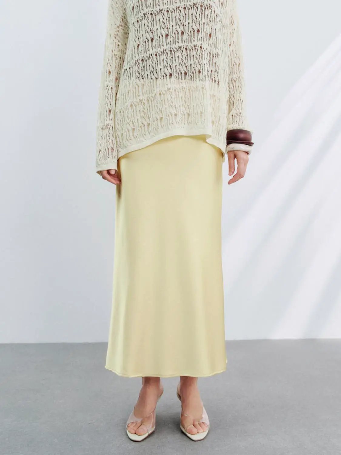 High Waist Draped Satin Texture Fishtail Slip Maxi Skirt