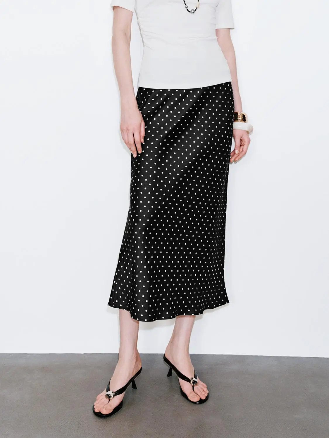 Polka Dot Fishtail Satin Beige Midi Skirt