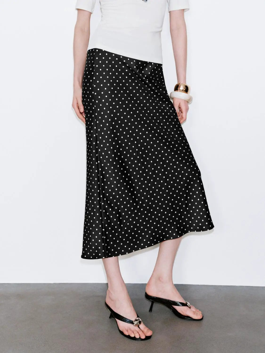 Polka Dot Fishtail Satin Beige Midi Skirt