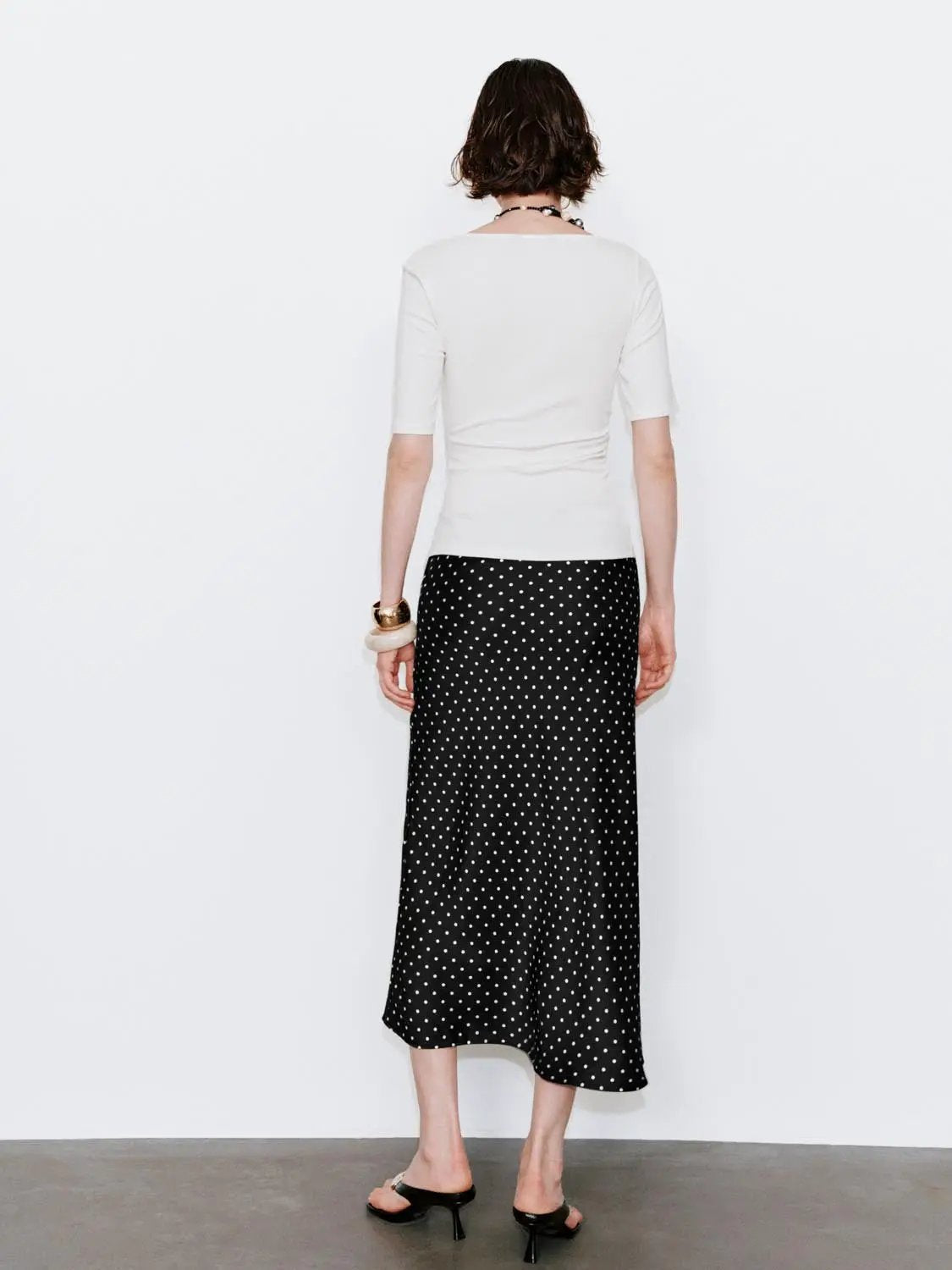 Polka Dot Fishtail Satin Beige Midi Skirt