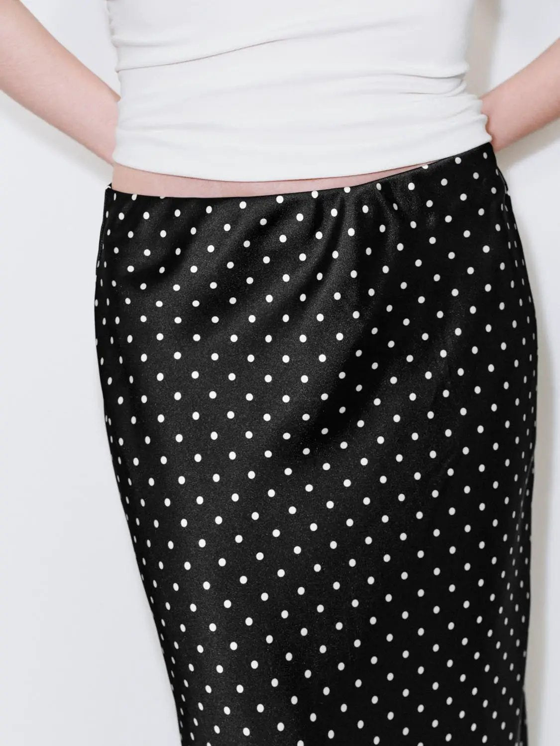 Polka Dot Fishtail Satin Beige Midi Skirt