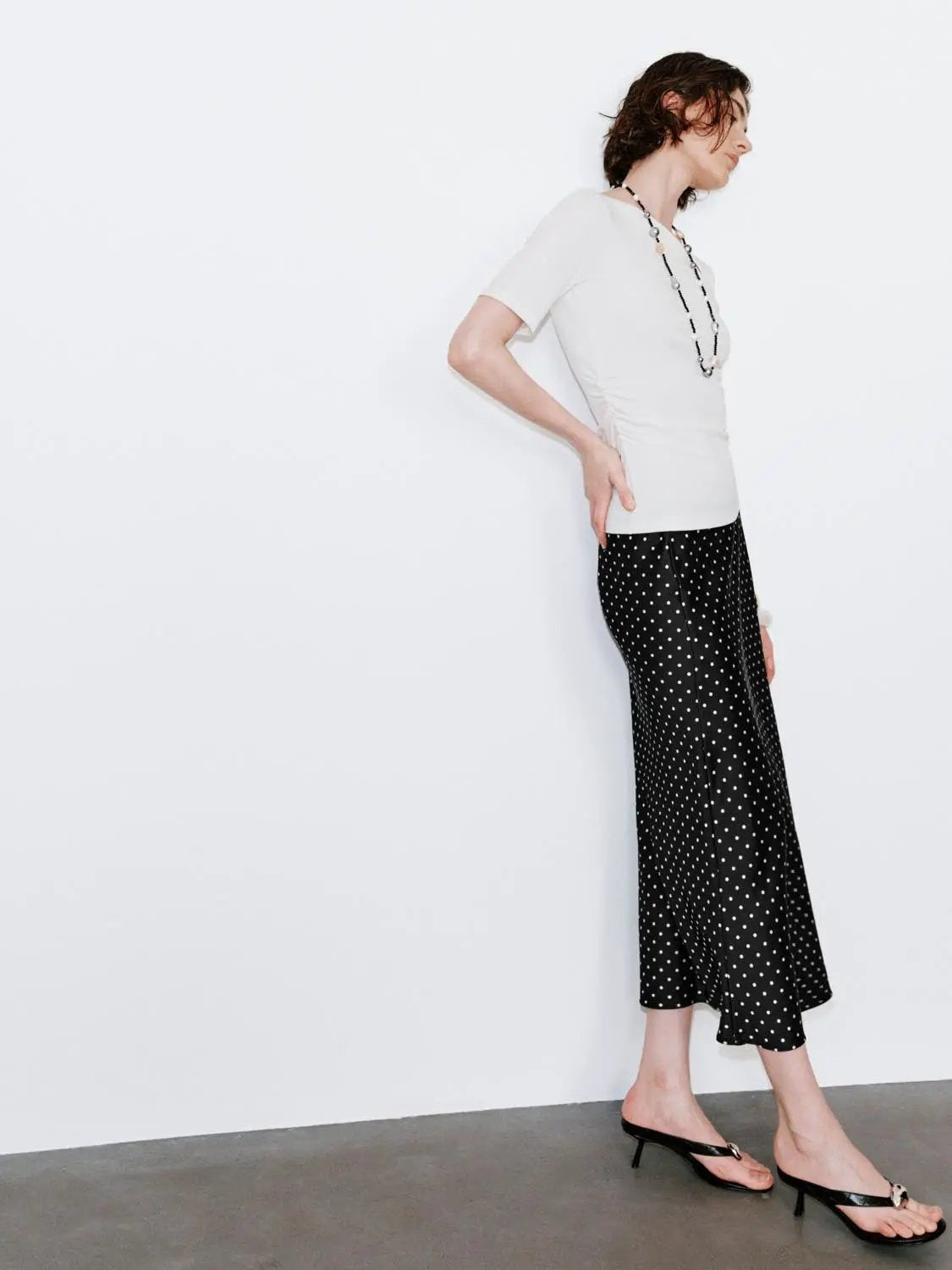 Polka Dot Fishtail Satin Beige Midi Skirt
