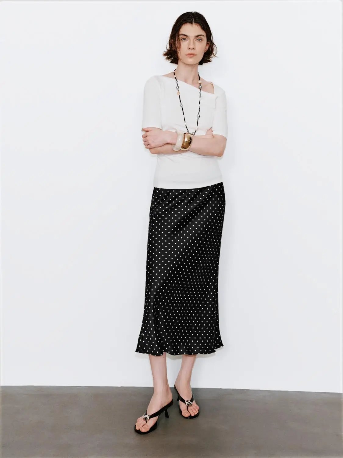 Polka Dot Fishtail Satin Beige Midi Skirt