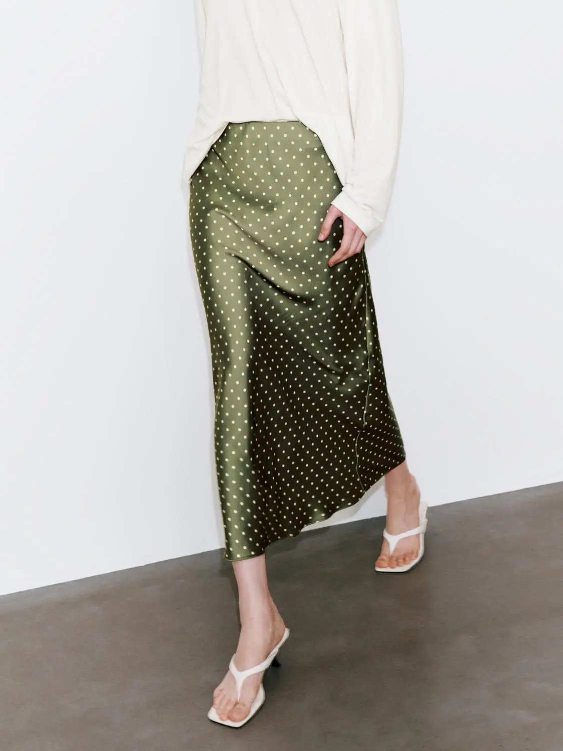 Polka Dot Fishtail Satin Beige Midi Skirt