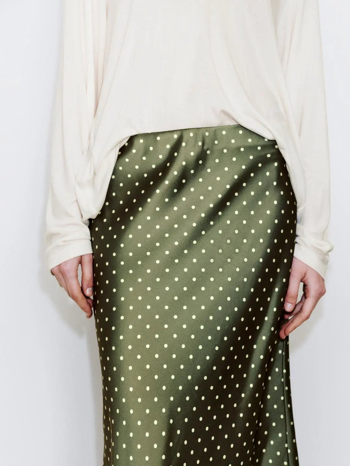 Polka Dot Fishtail Satin Beige Midi Skirt