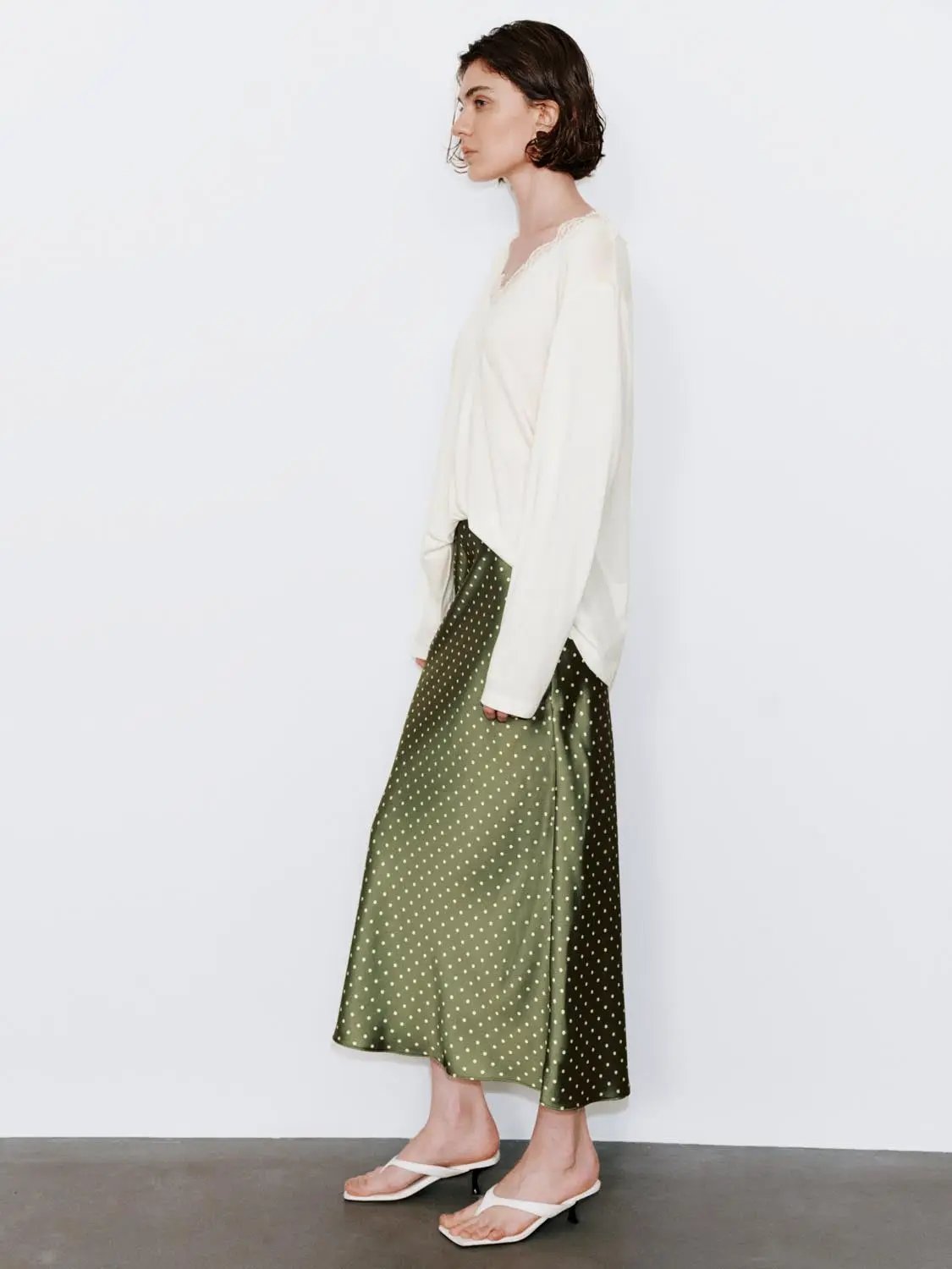 Polka Dot Fishtail Satin Beige Midi Skirt