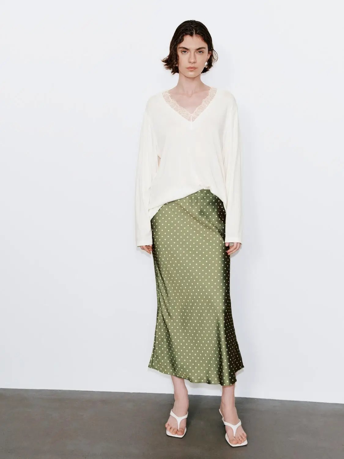 Polka Dot Fishtail Satin Beige Midi Skirt