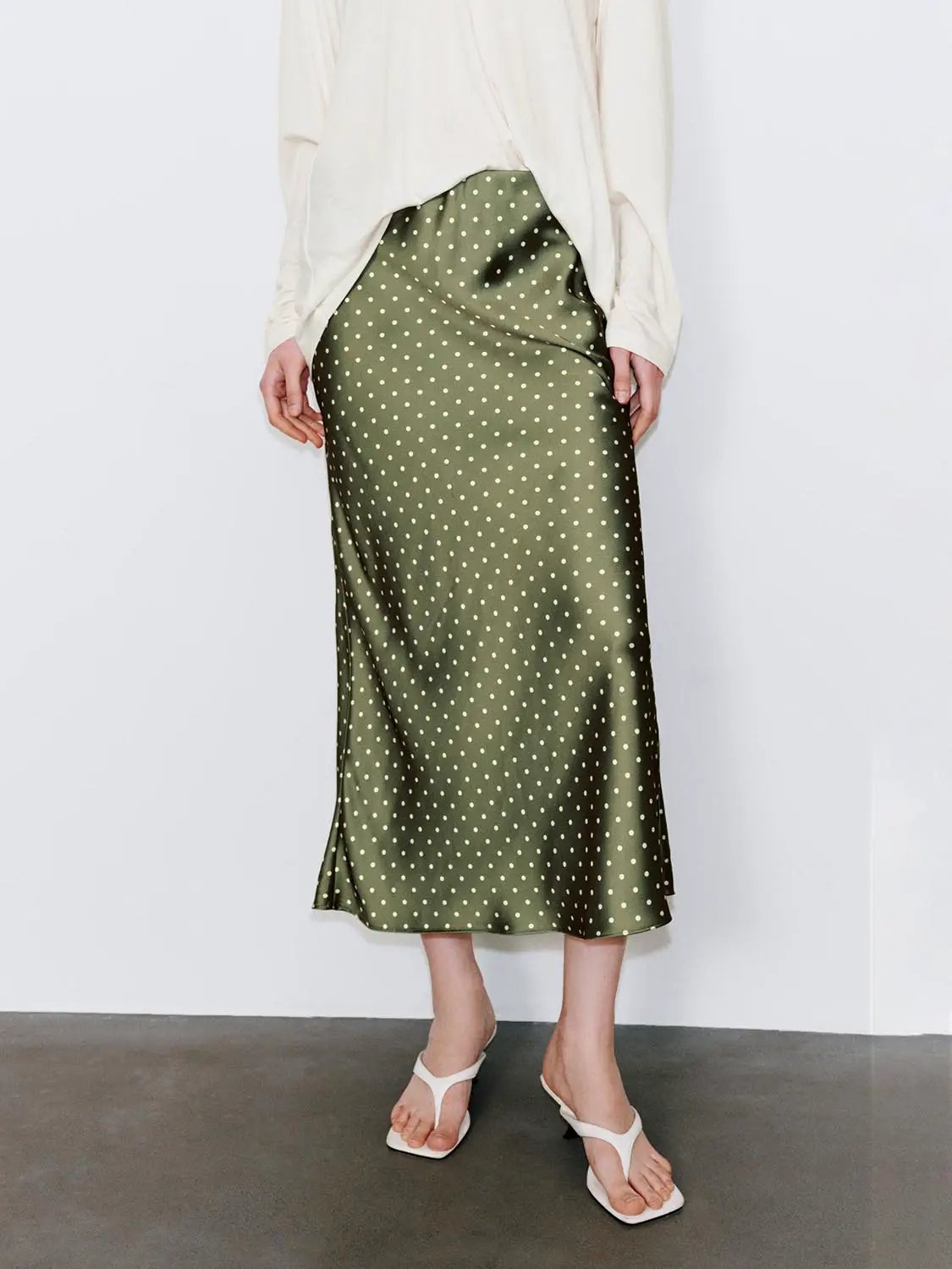 Polka Dot Fishtail Satin Beige Midi Skirt