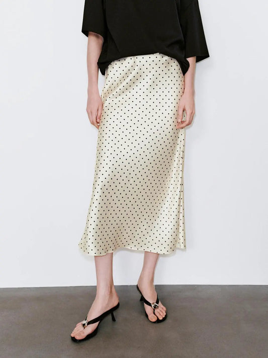 Polka Dot Fishtail Satin Beige Midi Skirt