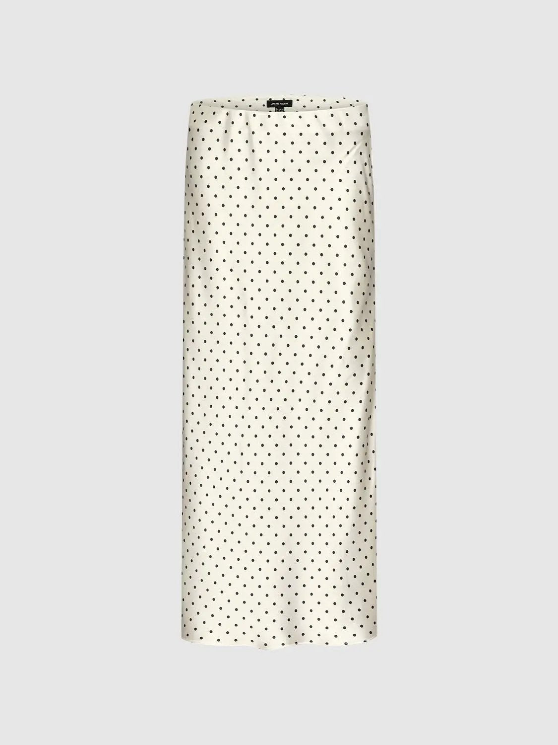 Polka Dot Fishtail Satin Beige Midi Skirt