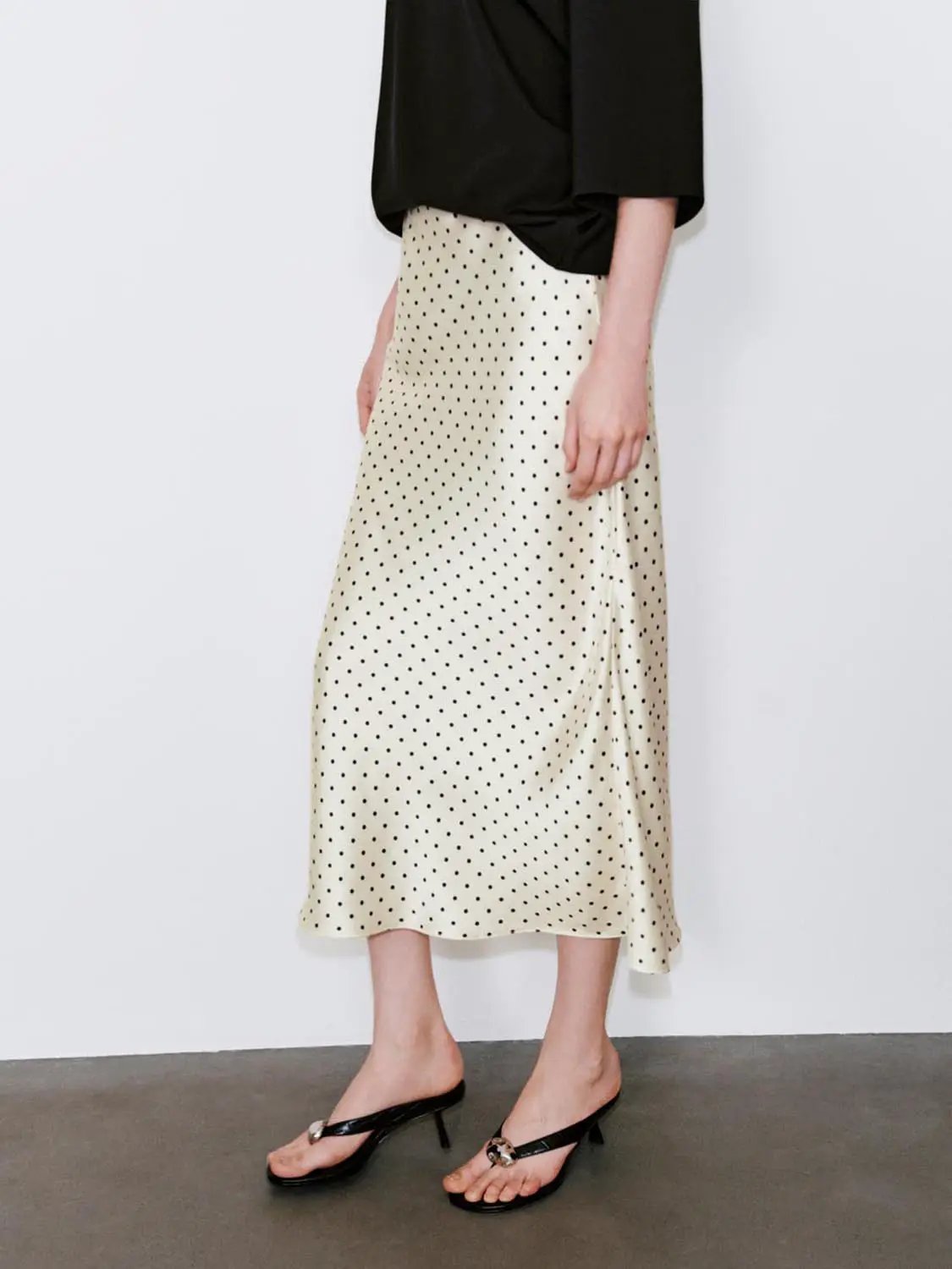 Polka Dot Fishtail Satin Beige Midi Skirt