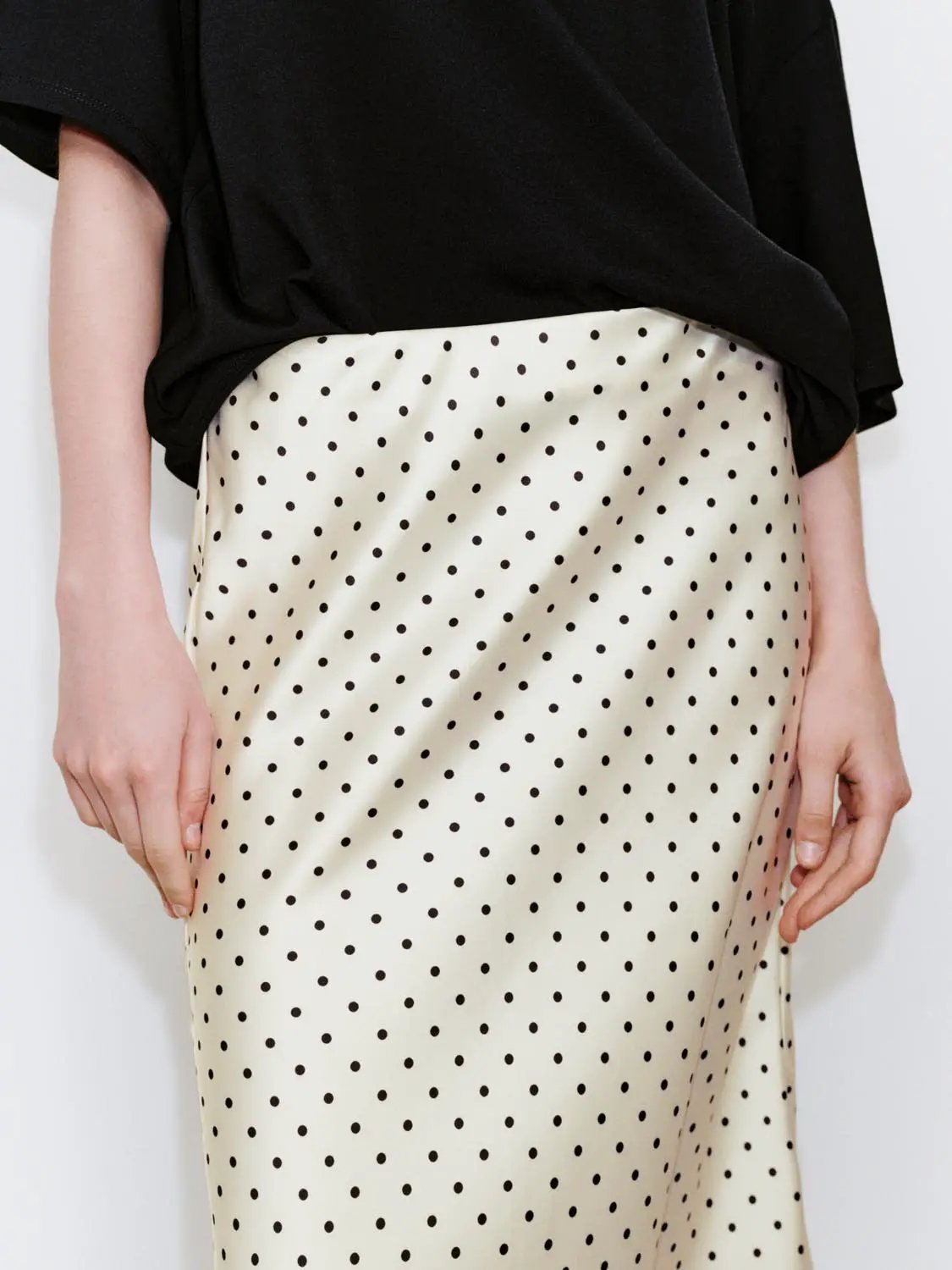 Polka Dot Fishtail Satin Beige Midi Skirt