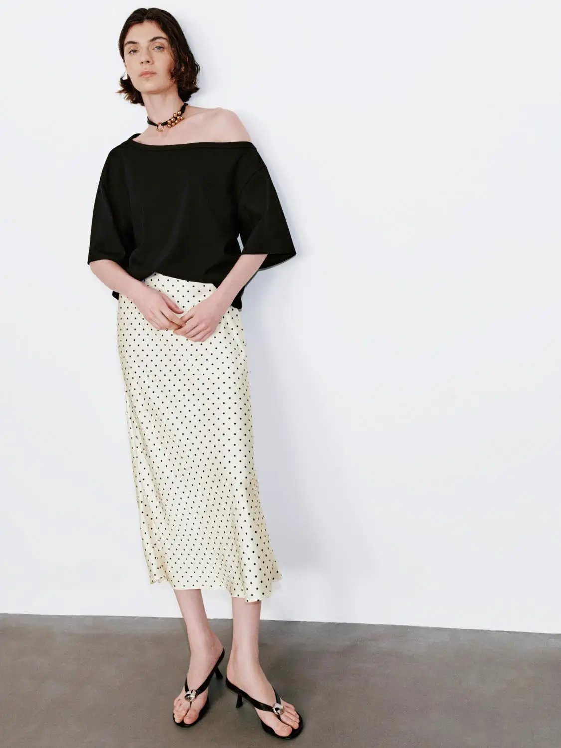 Polka Dot Fishtail Satin Beige Midi Skirt
