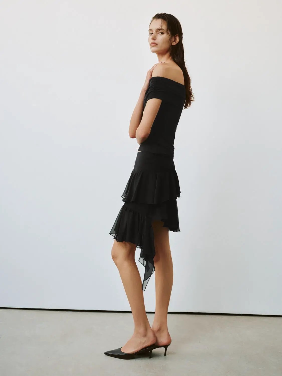 Tiered Ruffle Asymmetric Soft Fabric Mini Skirt