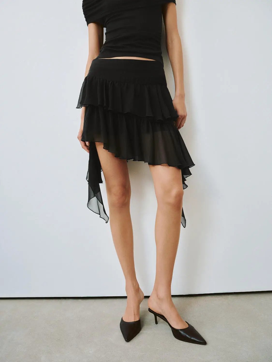Tiered Ruffle Asymmetric Soft Fabric Mini Skirt