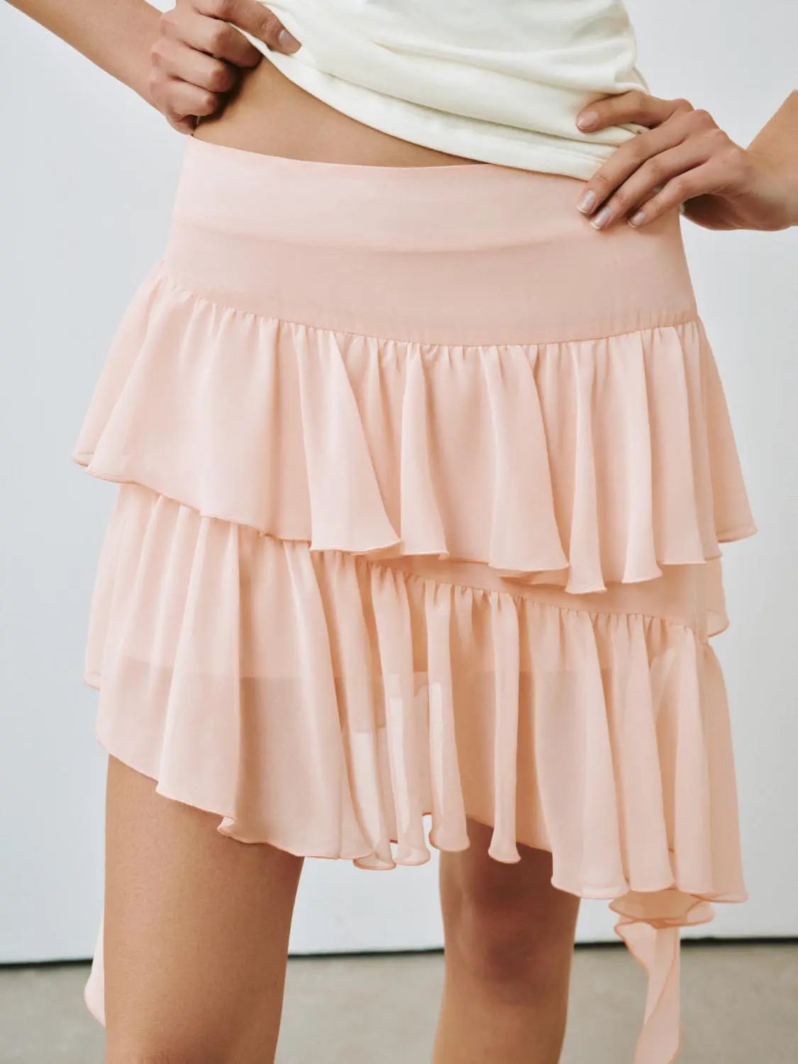 Tiered Ruffle Asymmetric Soft Fabric Mini Skirt