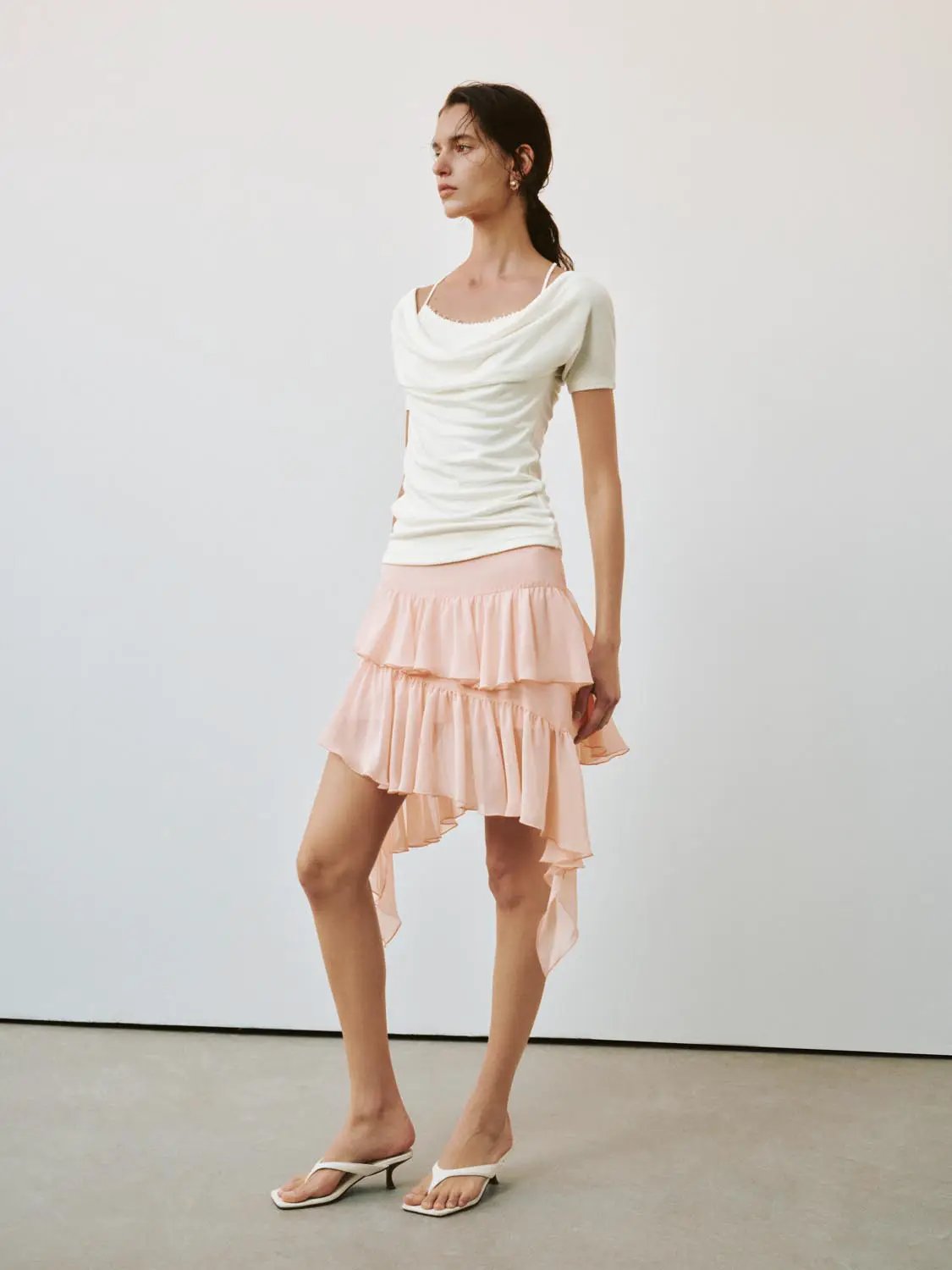 Tiered Ruffle Asymmetric Soft Fabric Mini Skirt