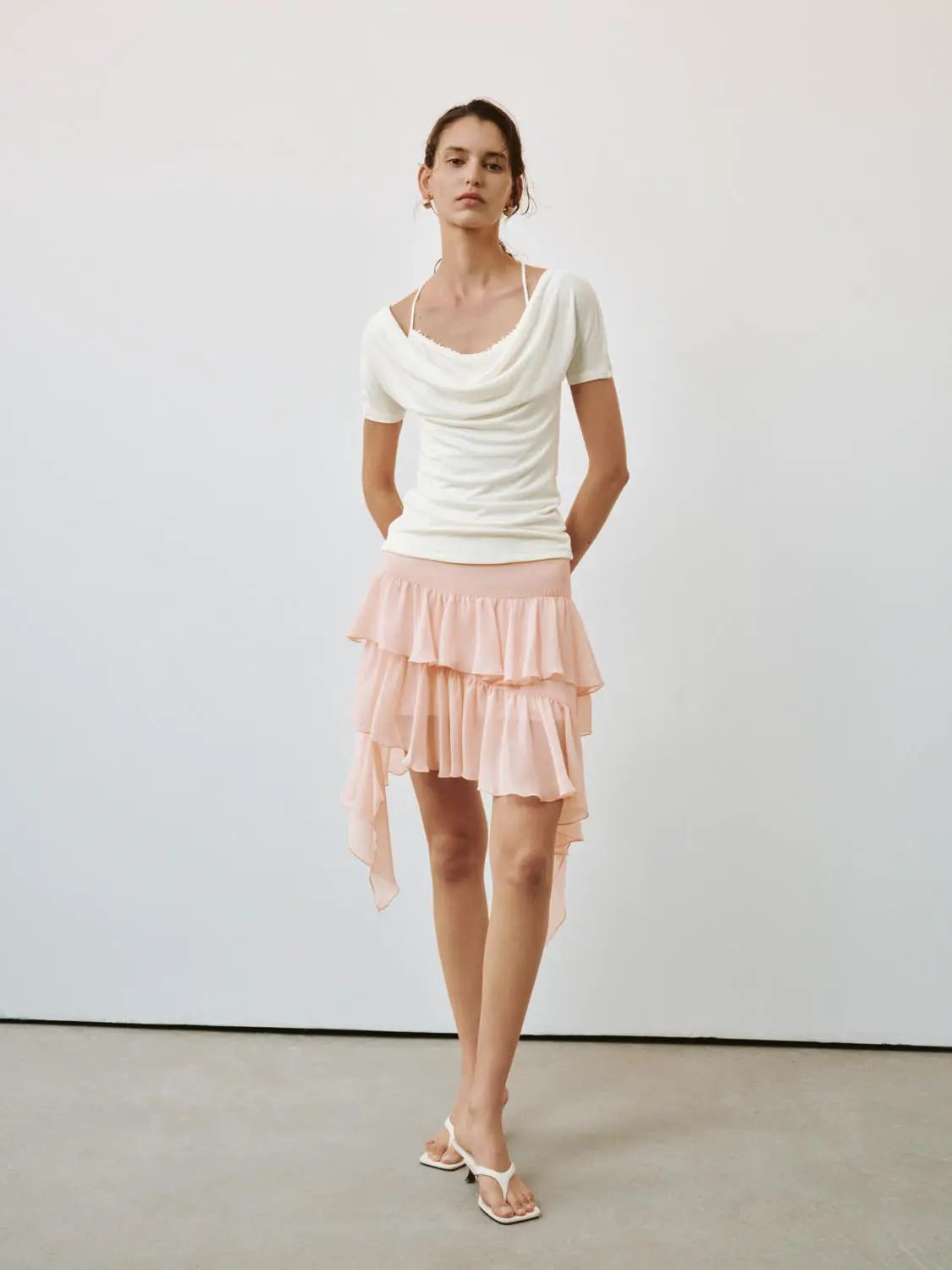 Tiered Ruffle Asymmetric Soft Fabric Mini Skirt