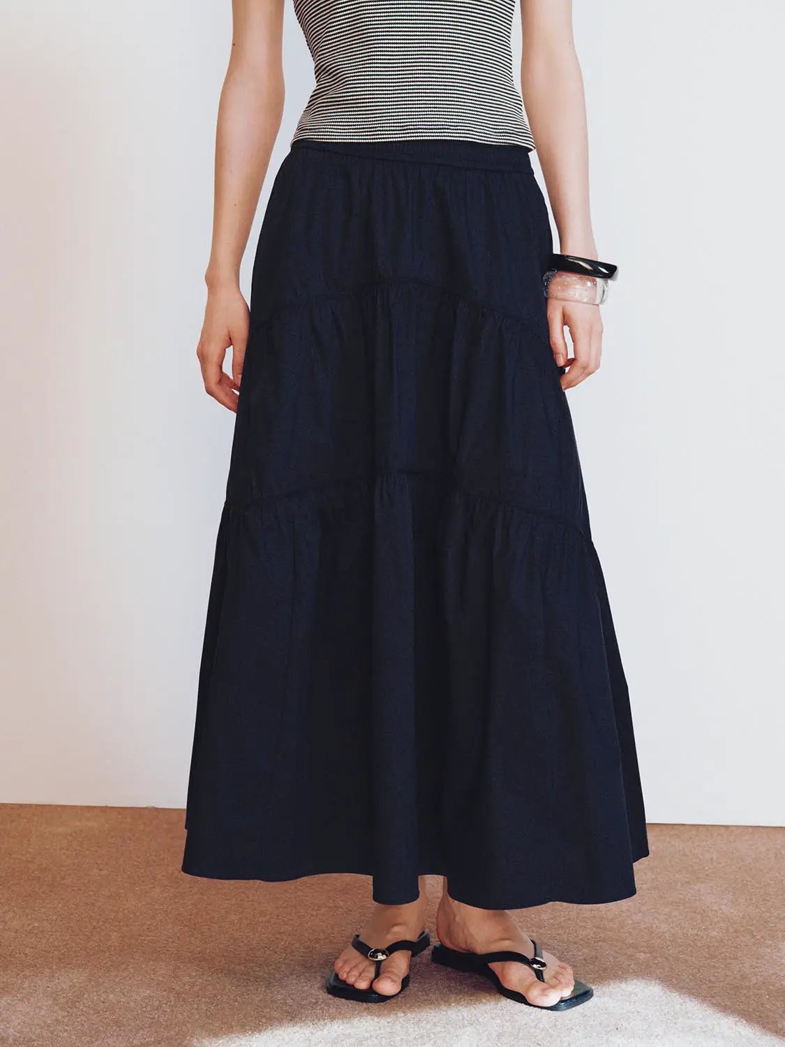Blend Loose Fit Tiered Seamed Soft Cotton Maxi Skirt