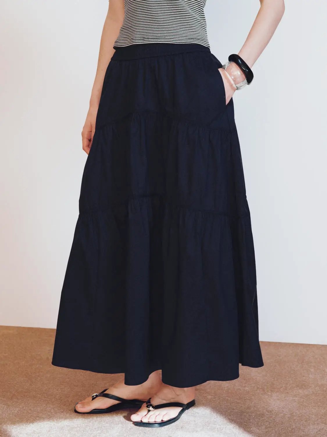 Blend Loose Fit Tiered Seamed Soft Cotton Maxi Skirt