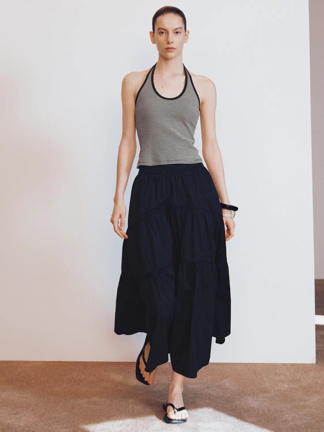 Blend Loose Fit Tiered Seamed Soft Cotton Maxi Skirt