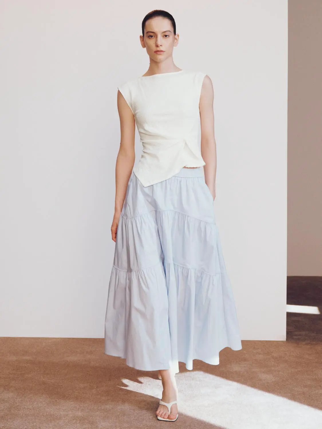 Blend Loose Fit Tiered Seamed Soft Cotton Maxi Skirt