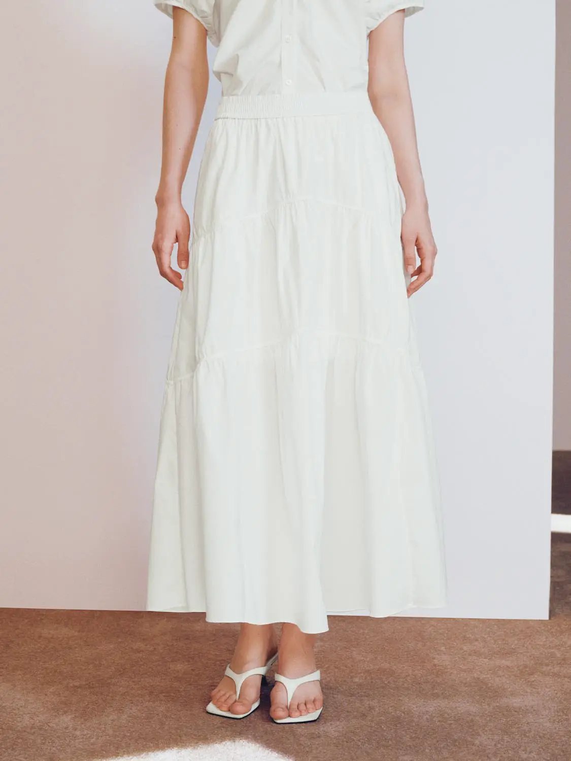Blend Loose Fit Tiered Seamed Soft Cotton Maxi Skirt