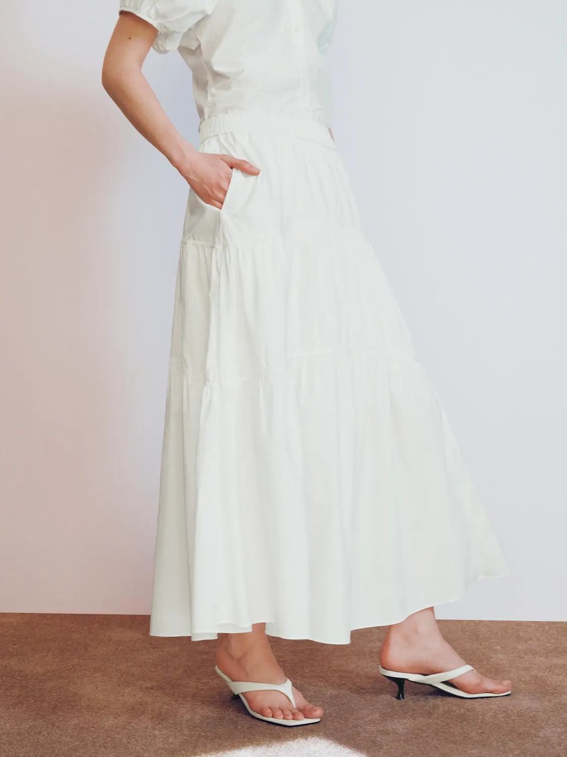 Blend Loose Fit Tiered Seamed Soft Cotton Maxi Skirt