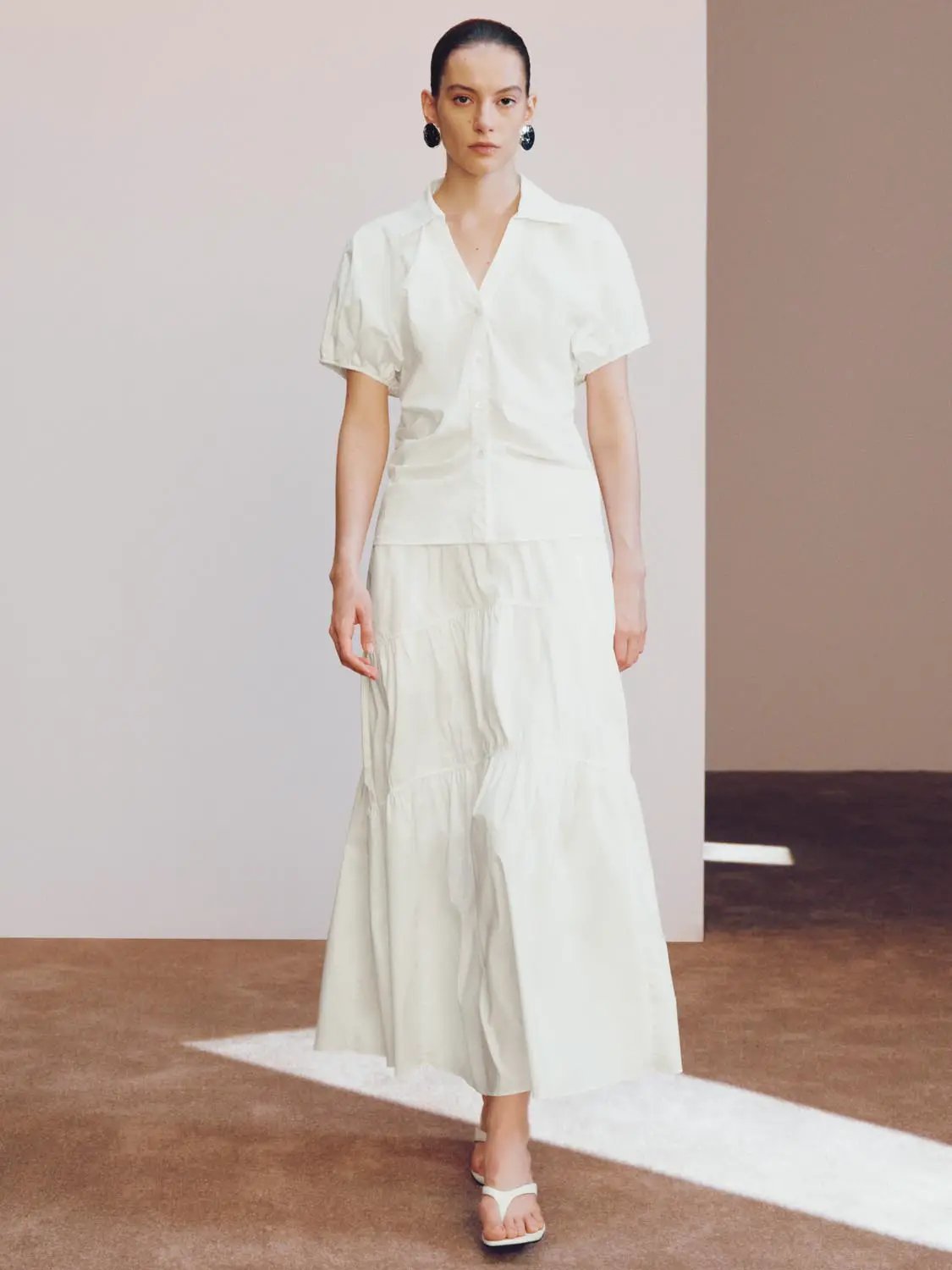 Blend Loose Fit Tiered Seamed Soft Cotton Maxi Skirt