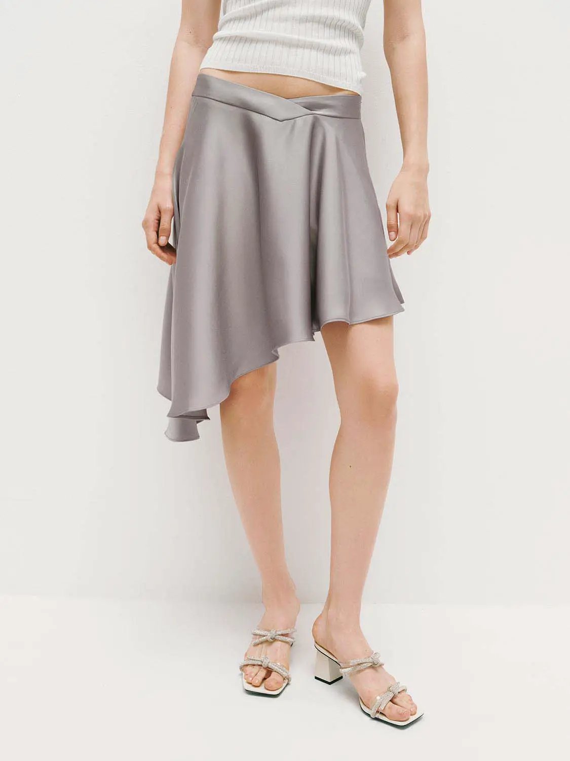 High Waist Twist Front Gray Irregular Asymmetric Mini Skirt