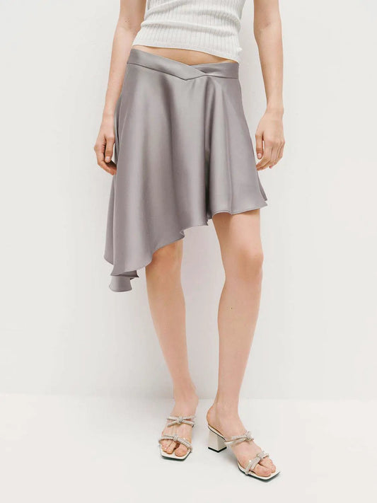 High Waist Twist Front Gray Irregular Asymmetric Mini Skirt