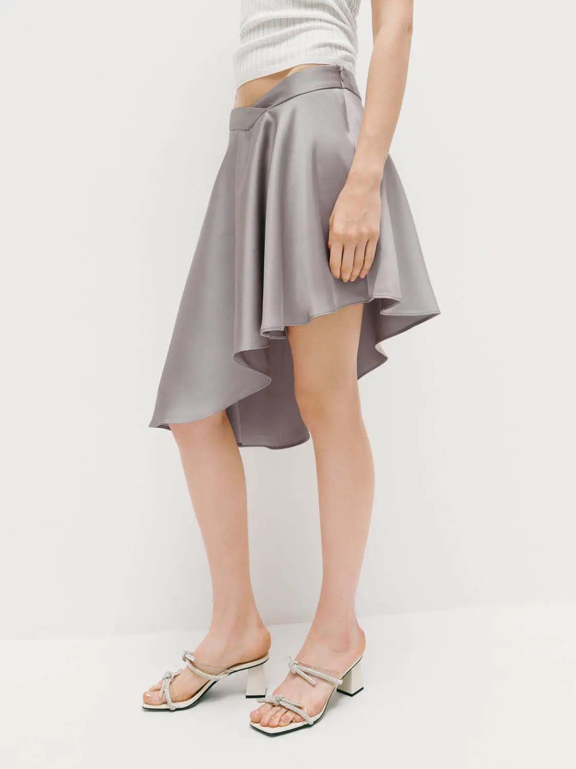 High Waist Twist Front Gray Irregular Asymmetric Mini Skirt