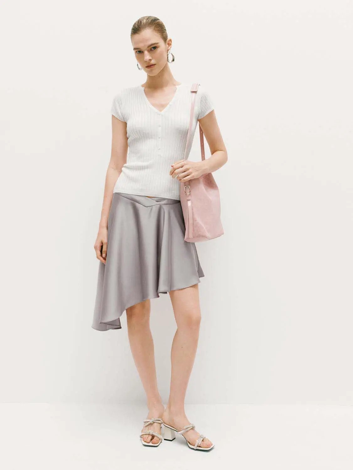 High Waist Twist Front Gray Irregular Asymmetric Mini Skirt