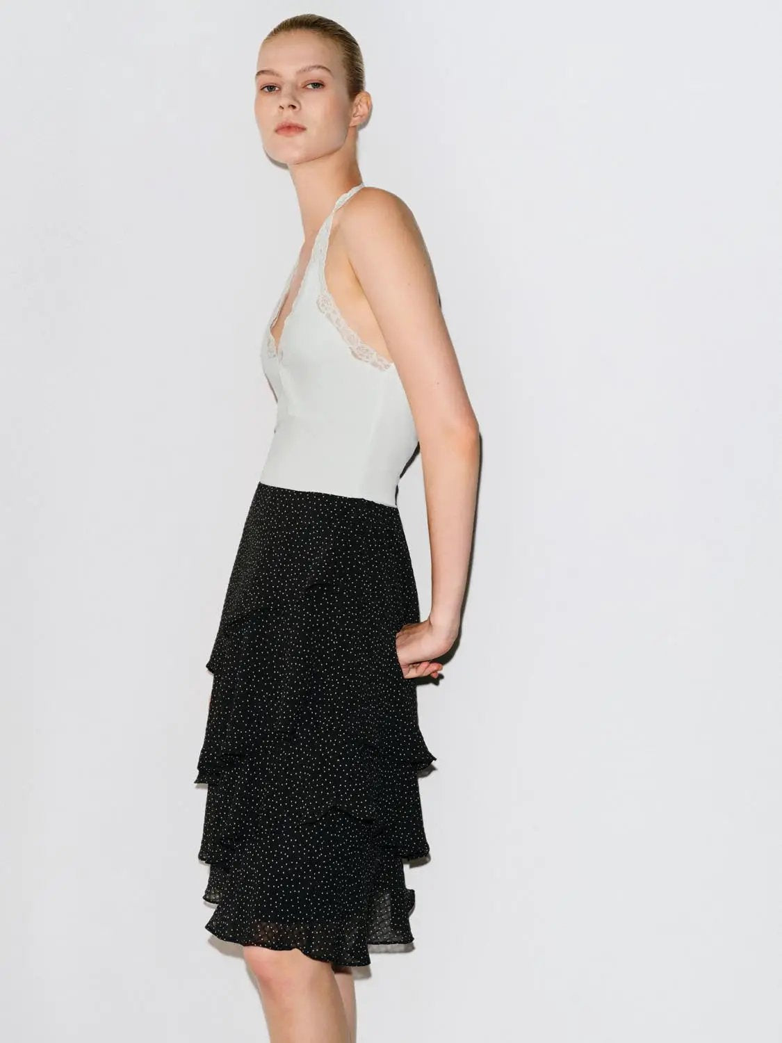 Polka Dot Layered Ruffle Wrap Asymmetric Hem Skirt