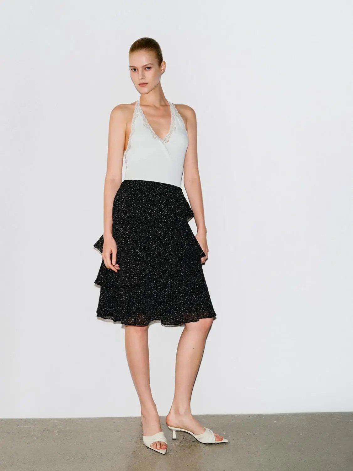 Polka Dot Layered Ruffle Wrap Asymmetric Hem Skirt