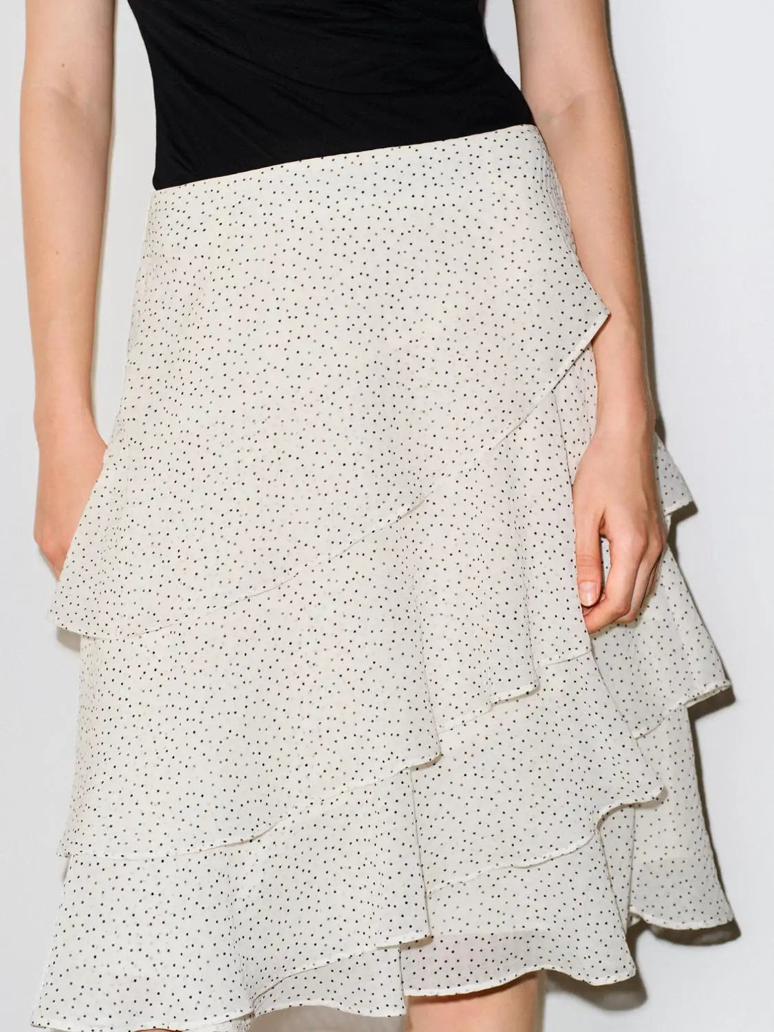 Polka Dot Layered Ruffle Wrap Asymmetric Hem Skirt