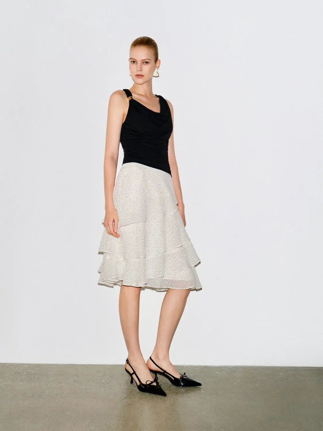 Polka Dot Layered Ruffle Wrap Asymmetric Hem Skirt