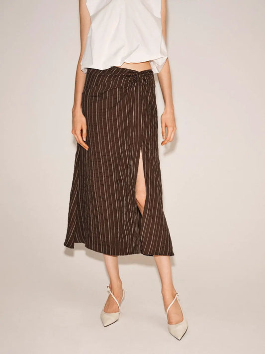 Wrap Front Stripe Slit Midi Skirt